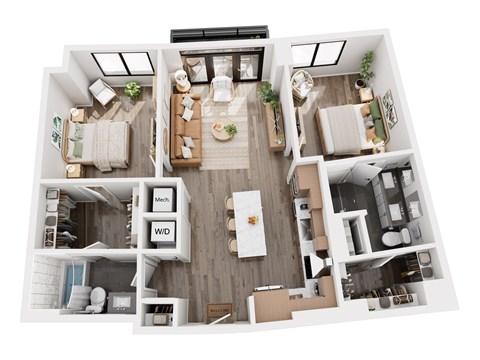 Floor plan for 2 beds, 2 baths, 1070 sqft